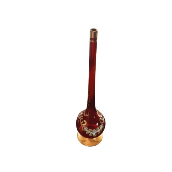 Murano Tre Fuochi Venetian Glass Bottle Red Handpainted Handblown 24K Gold